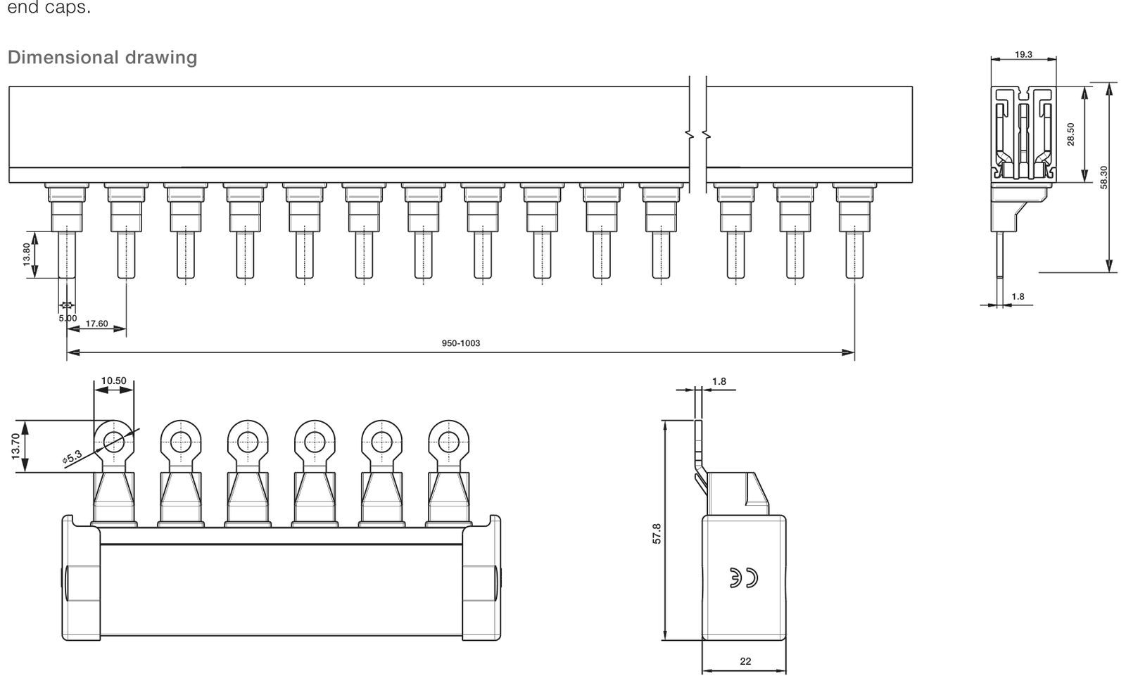 Busbar PS...BP-C/CR dimensional drawing