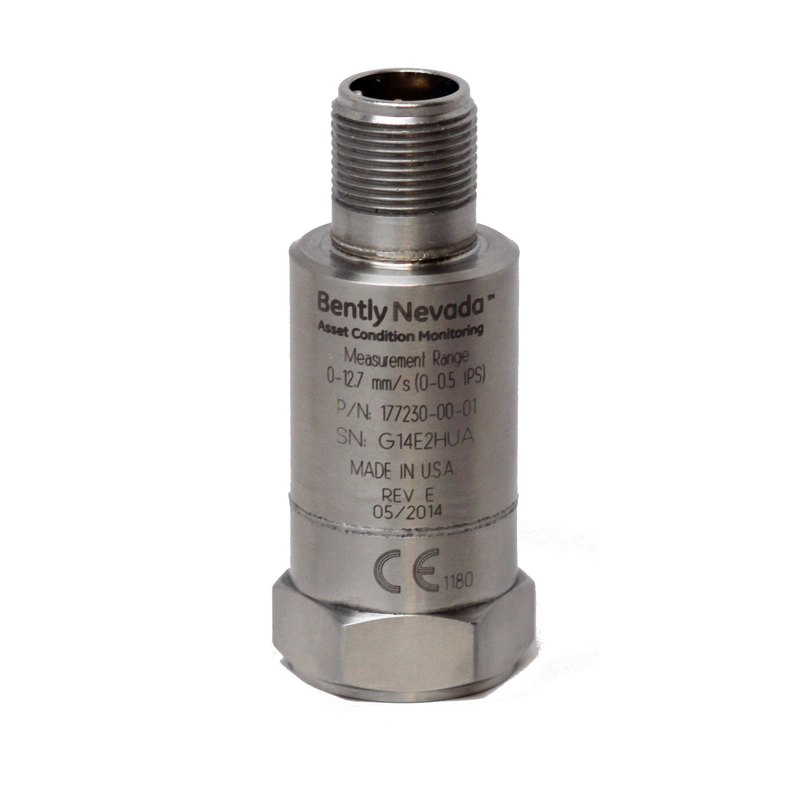 Bently Nevada 177230 loop-powered seismic vibration transmitter, 4–20 mA velocity + raw acceleration output, Ex ia