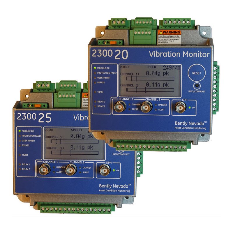 Bently Nevada 2300 series vibration monitor, 2 channels + speed, relays, 4–20 mA (2300/20) or System 1 (2300/25)