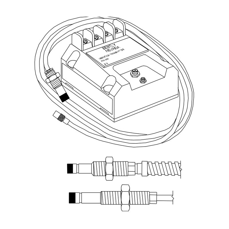 Bently Nevada 990 vibration transmitter, 2-wire 4–20 mA peak-to-peak vibration, with 3300 NSv proximity probe