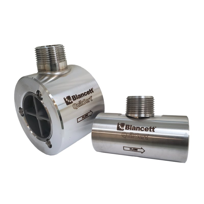 Blancett QuikSert wafer turbine flow meter for liquids, between ASME flanges, 2.3 to 18,900 L/min