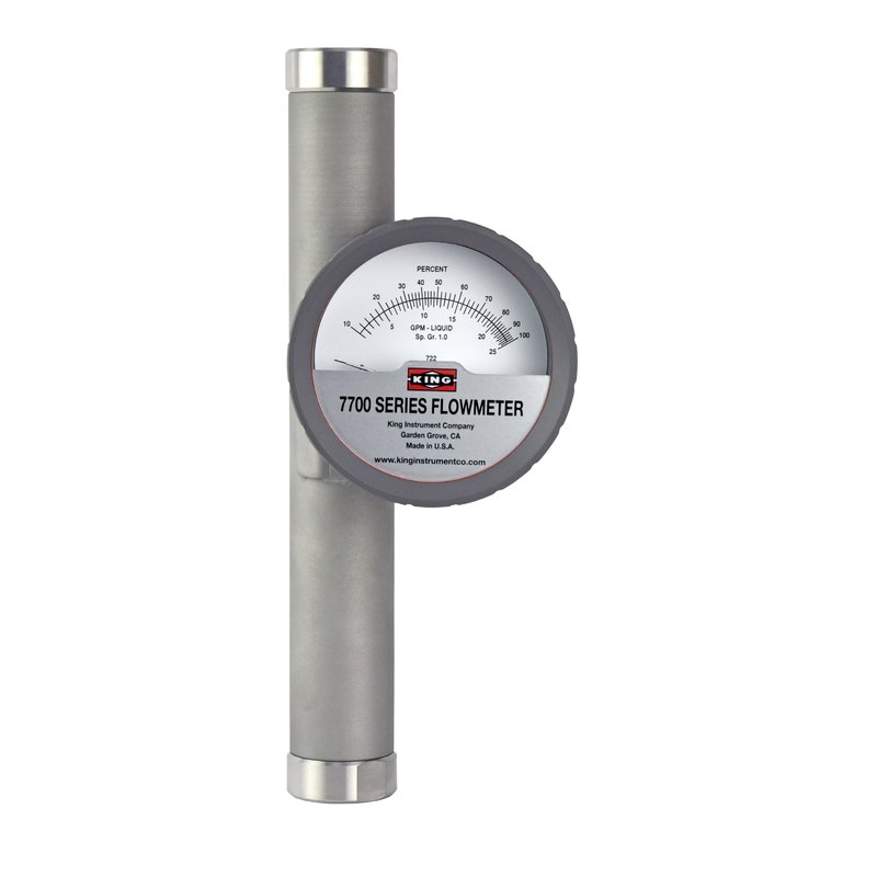 King Instrument 7710 stainless steel metal-tube rotameter, 33 GPH to 450 GPM water, 4–100 SCFM air, optional 4–20 mA