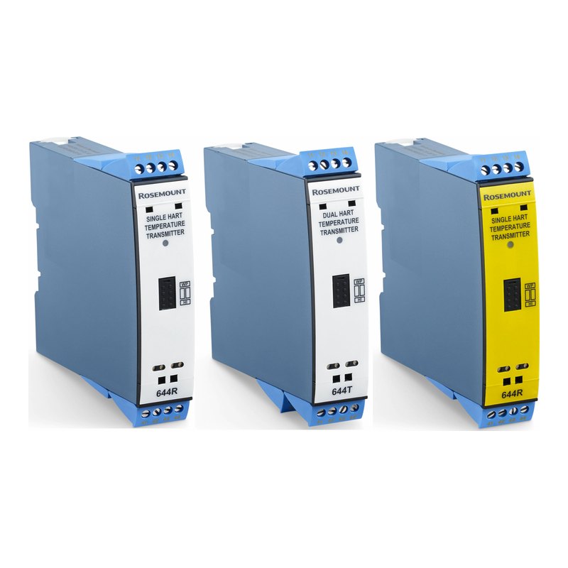 Rosemount 644 temperature transmitter (rail-mount 644R), single or dual input, HART 7, SIL 3, 2.5 kV isolation