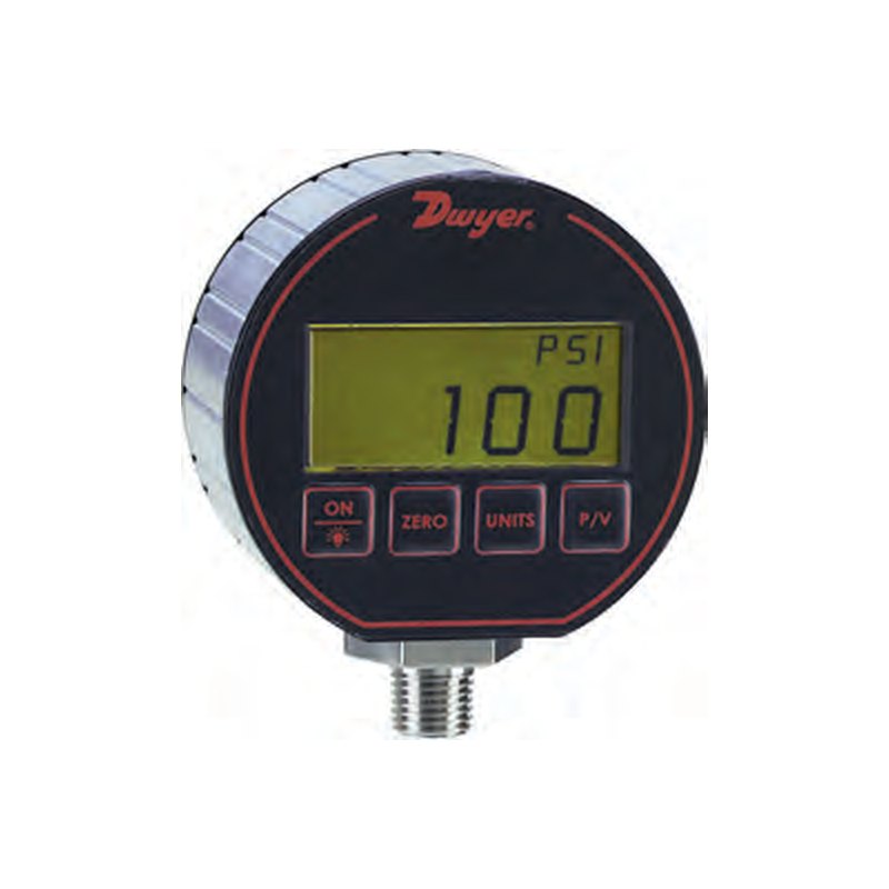 Dwyer DPG Series digital pressure gauge, ±0.25% or ±0.5% FS, vacuum to 5000 psi, battery powered, FM IS option