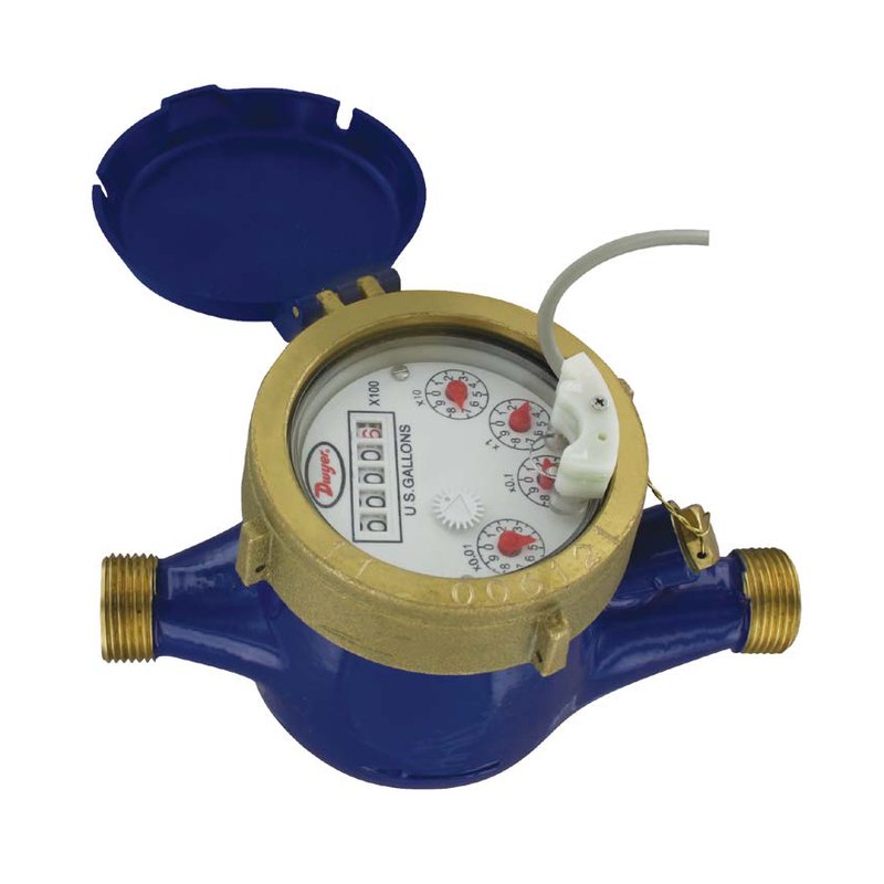 Dwyer WM2 multi-jet water meter, brass, ⅝–2 in NPT or 15–50 mm BSPT, up to 160 GPM, sealed dry dial, 16 bar