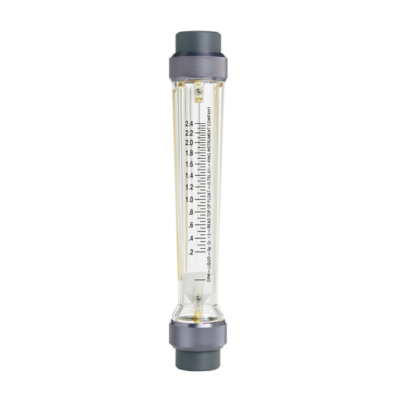 King Instrument 7330 Series polysulfone rotameter, PVC or PVDF union ends, water 0.5–160 GPM, 5 in direct-reading scale