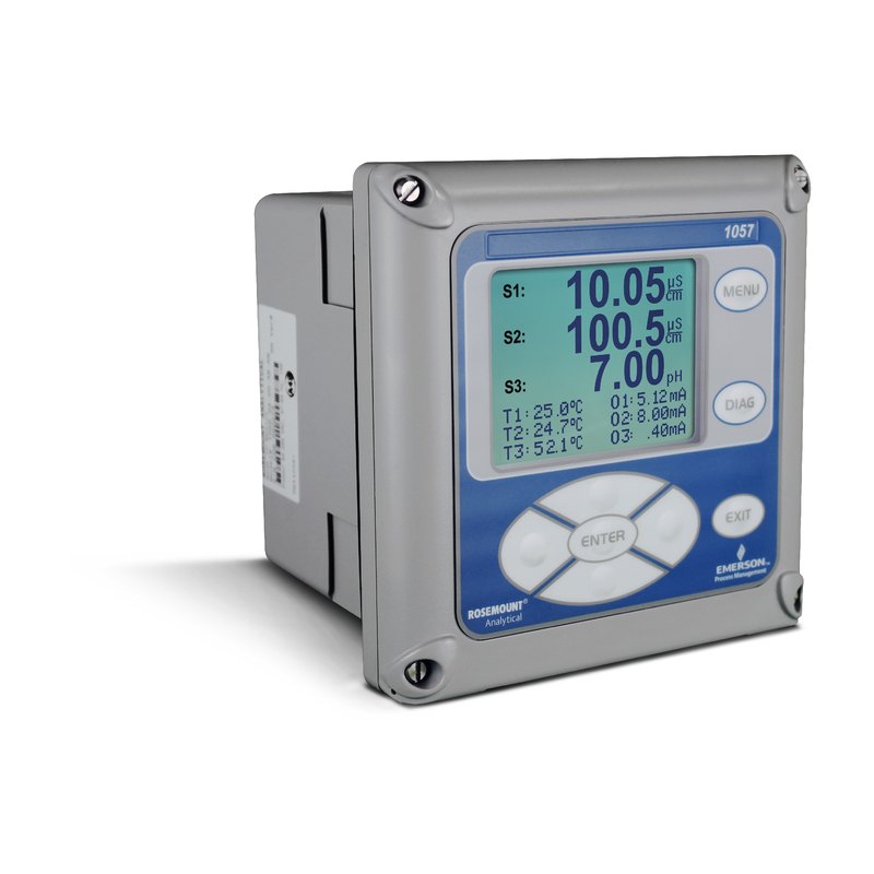 Rosemount 1057 three-channel liquid analysis transmitter, pH/ORP/ISE and contacting conductivity, four 0/4–20 mA outputs, alarm relays